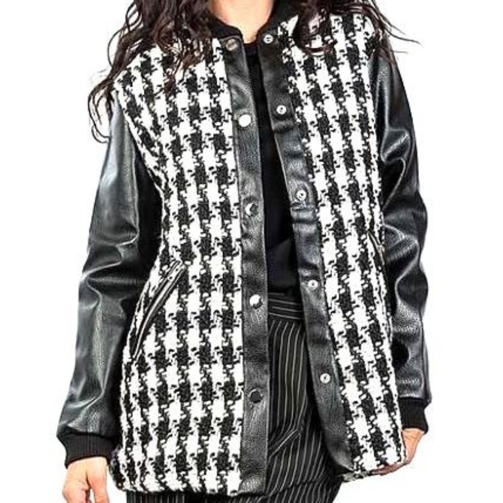 Houndstooth Coat with Vegan Leather Sleeves